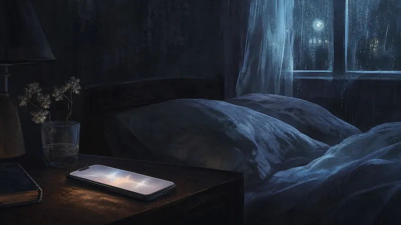 Ein leuchtendes Smartphone auf einem Nachttisch in einem dunklen Schlafzimmer bei Regen.