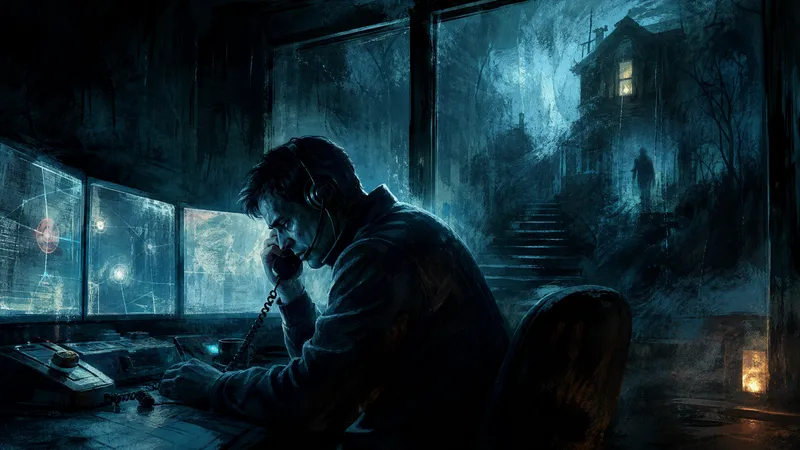Ein einsamer Dispatcher in einer nächtlichen Notrufzentrale, während Schatten eines verschwundenen Hauses in den Raum dringen.