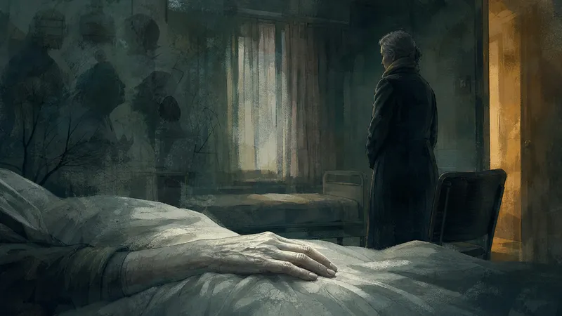 Illustration eines stillen Krankenzimmers mit Anna, Karl und der rechten Hand als zentralem Symbol.