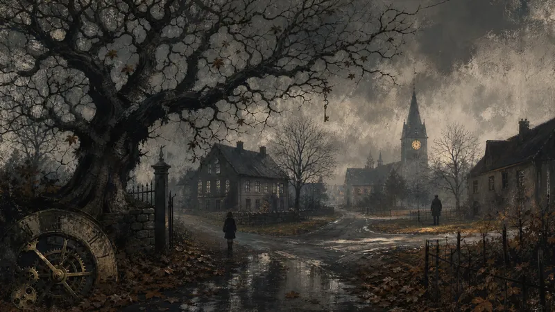 Eine verlassene Dorfkreuzung mit kahlem Kastanienbaum und fernem Kirchturm im Novembernebel.