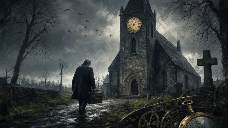 Ein Uhrmacher nähert sich an einem grauen Novembermorgen einer alten Dorfkirche mit Turmuhr.