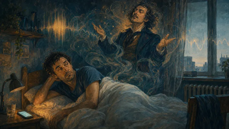 Illustration zu „Erzähl mich nicht“: Ein Mann wacht im dämmrigen Schlafzimmer auf, während eine unsichtbare Erzählerstimme den Raum beherrscht.