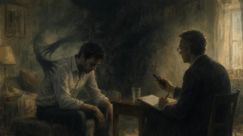 Illustration eines angespannten Gutachtergesprächs in einer Wohnung, mit erschöpftem Patienten und sachlichem Arzt.