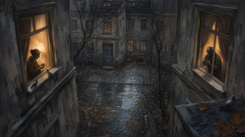 Zwei gegenüberliegende Fenster in einem grauen Berliner Innenhof, verbunden durch Licht und Stille.