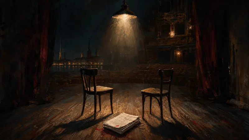 Leere Theaterbühne mit zwei Stühlen und einem Manuskript im Geisterlicht.
