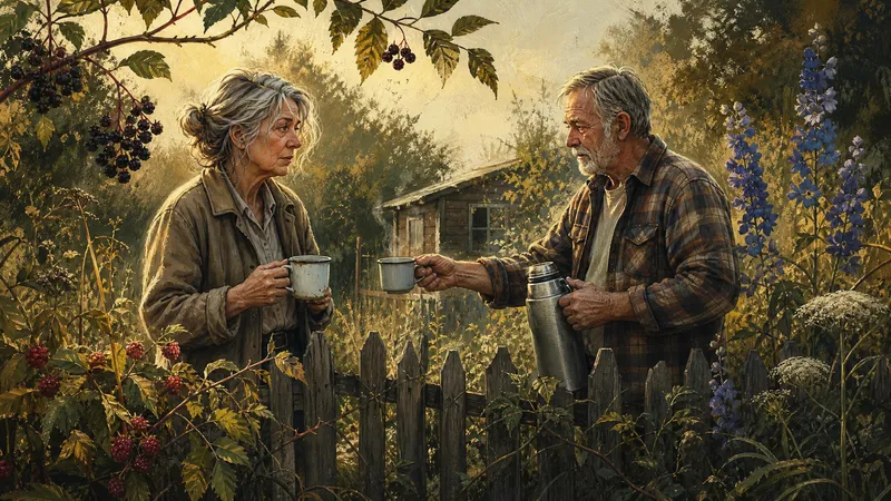 Margret und Horst stehen mit Kaffee am Gartenzaun zwischen dichten Stauden.