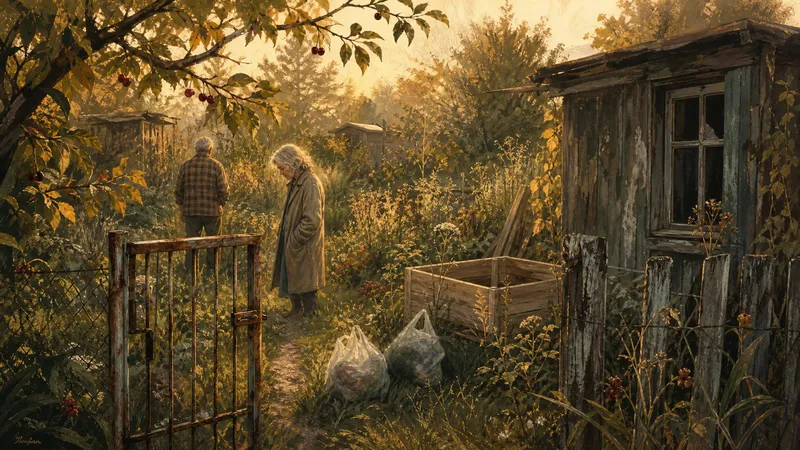 Verwilderter Schrebergarten mit offenem Tor und unfertigem Hochbeet in spätem Licht.