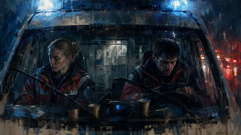 Illustration des engen Innenraums eines Rettungswagens als Kammerspielraum.