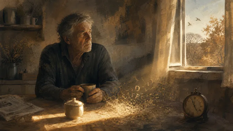 Küchentisch mit Kaffee, Uhr und Lichtstreifen als stiller Resonanzraum des Hörspiels.