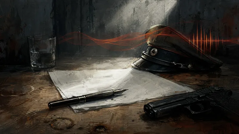 Illustration von Füller, Papier und Waffe auf einem alten Tisch als Sinnbild für Recht, Macht und Entscheidung.