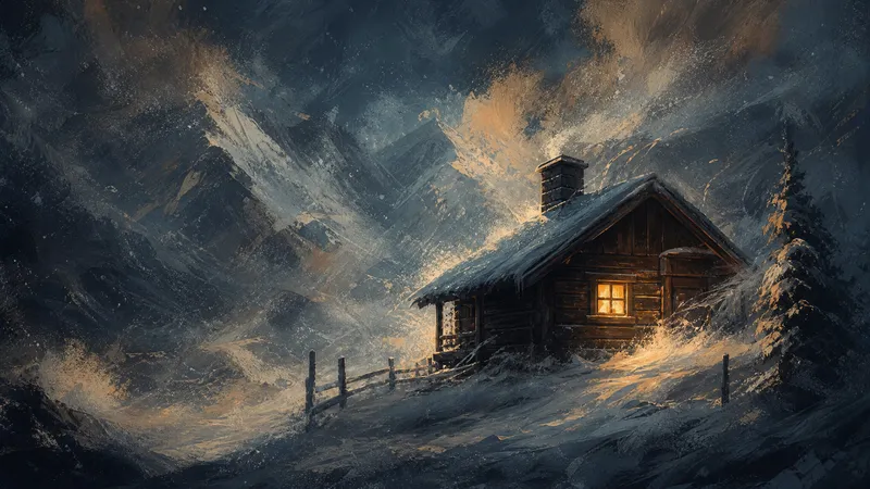 Eine eingeschneite Berghütte leuchtet im Sturm wie ein letzter warmer Punkt in dunklen Bergen.