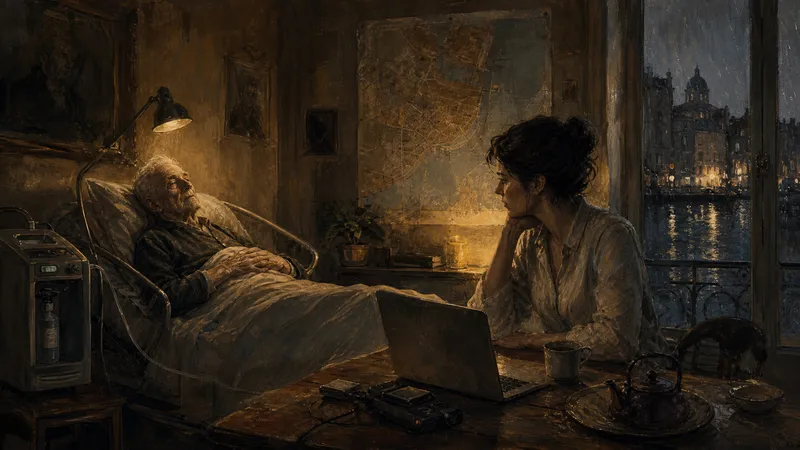 Eine kleine Wohnung mit Krankenbett, Laptop, Regenfenster und Stadtplan von Lissabon als Sinnbild für das Hörspiel „Was wird...“.