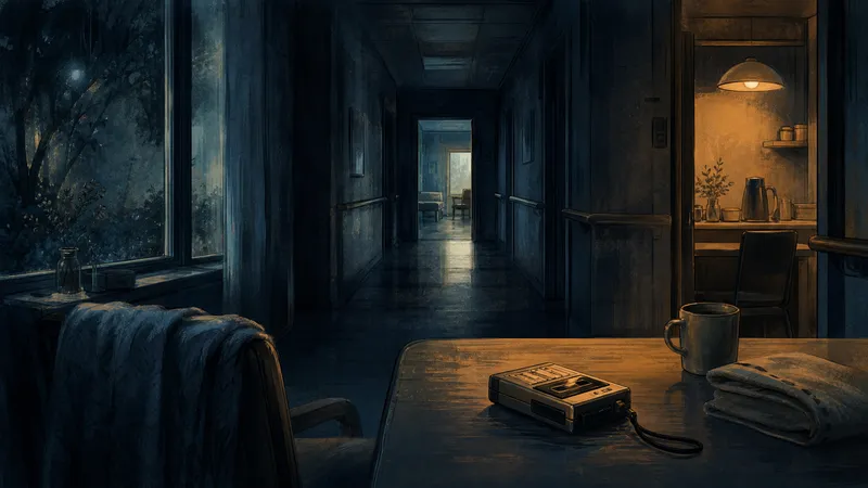Atmosphärische Illustration eines nächtlichen Hospizflurs mit Diktiergerät und offener Tür zu Zimmer sieben.